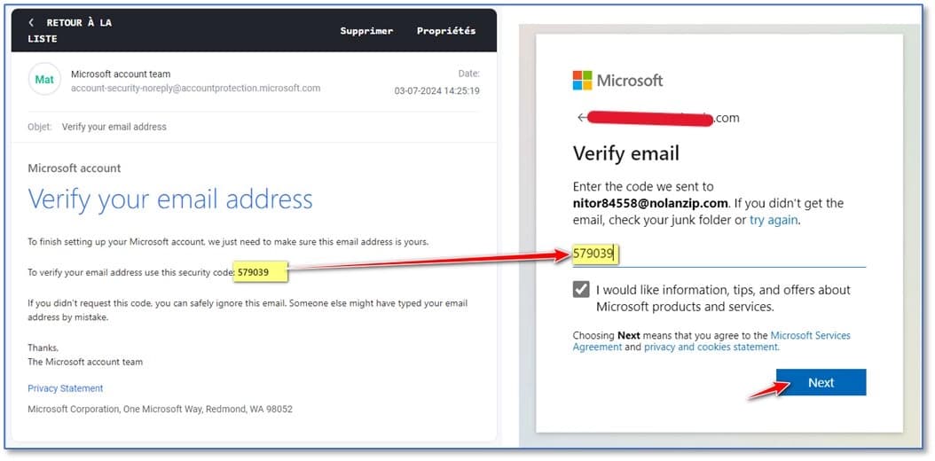 Step 5 — Enter the 6-digit verification code sent by Microsoft to verify your email address