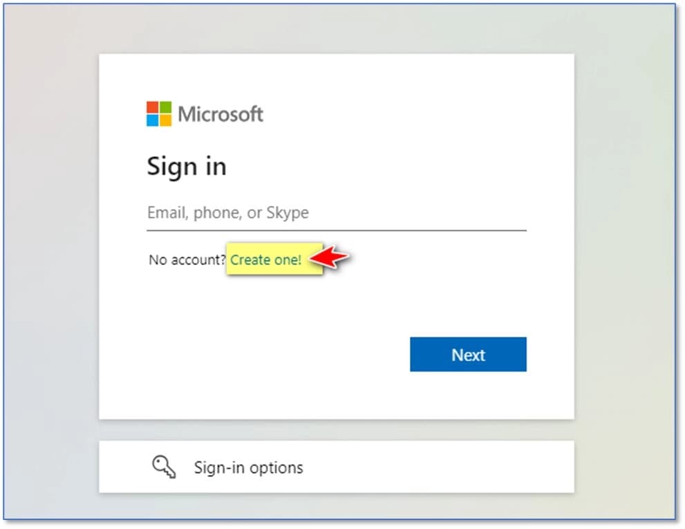Step 2 — Click Create one on the Microsoft Sign in page to create your Microsoft account
