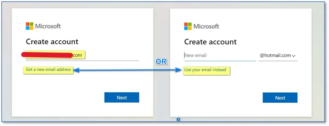 Step 3 — Choose to use existing email or create a new free Hotmail address for your Microsoft account