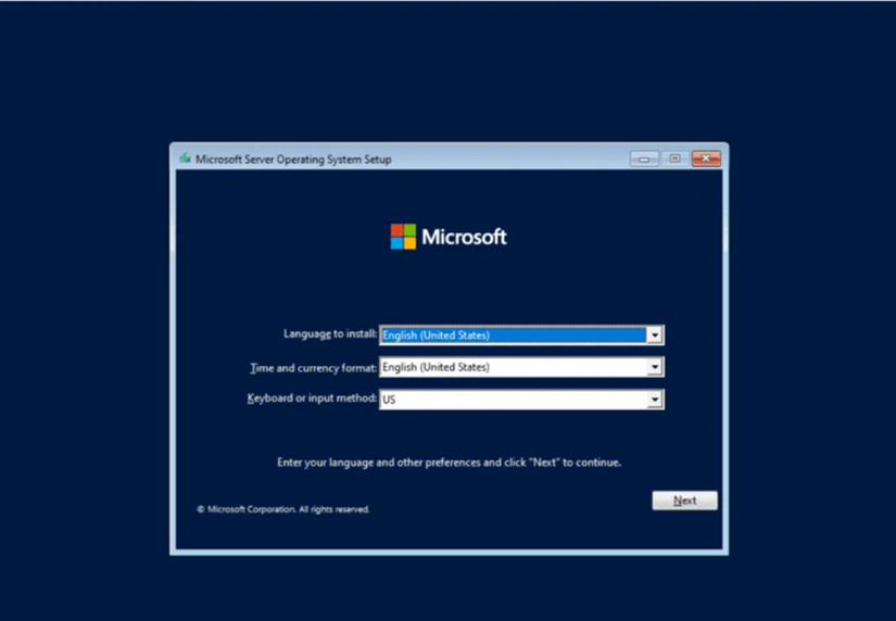 Windows Server setup language selection
