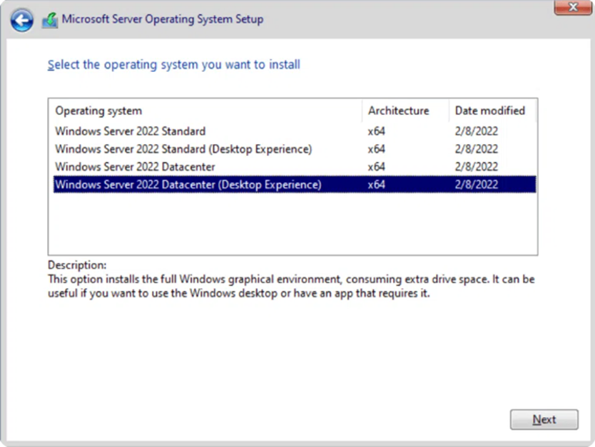 Windows Server 2022 Edition Selection