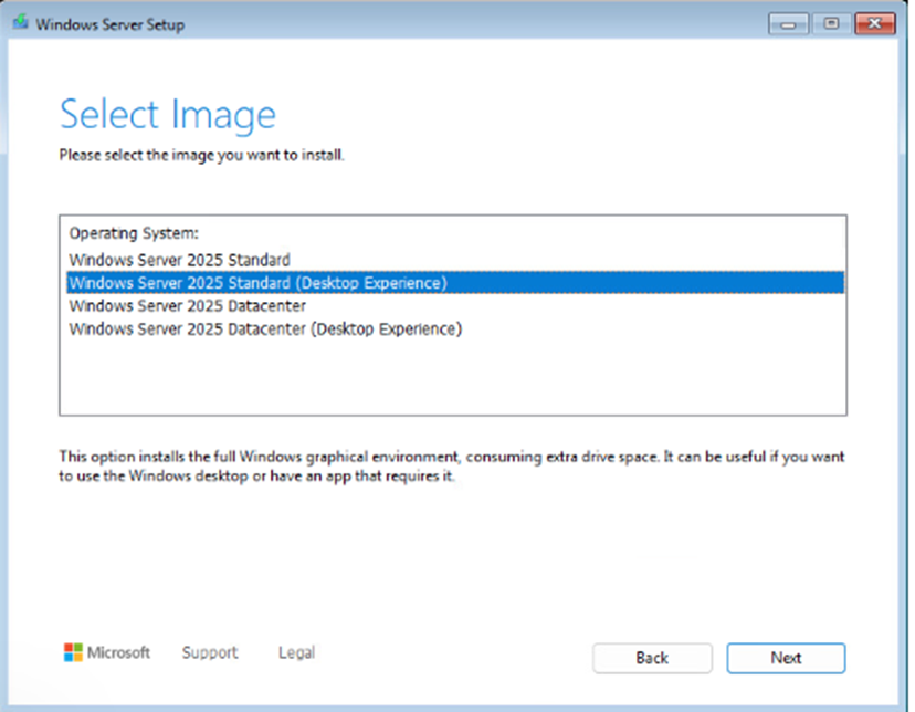 Windows Server 2025 Standard installation interface
